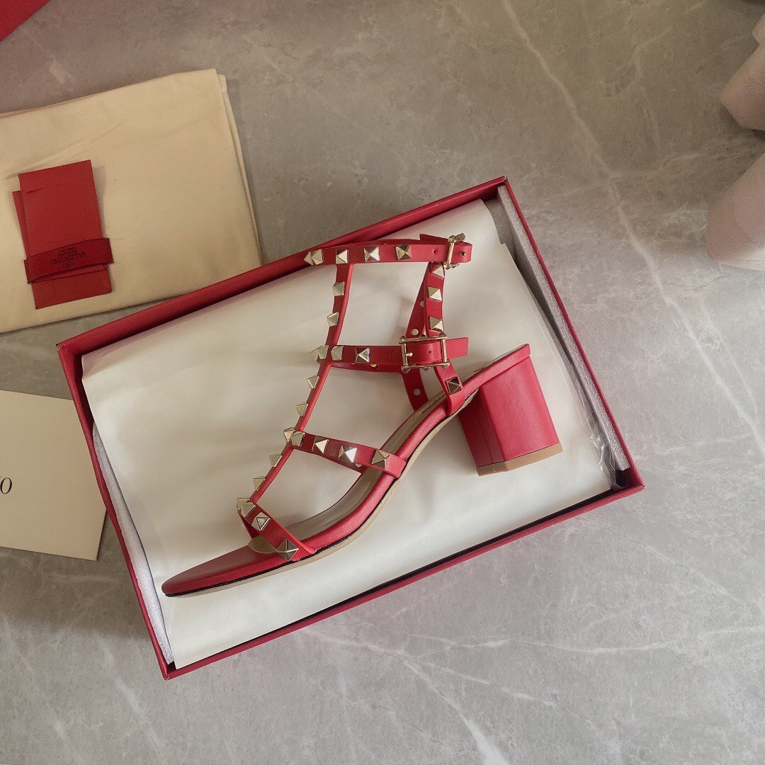 Va1e*ntin0 rockstud ankle strap sandals 60mm in red calfskin
