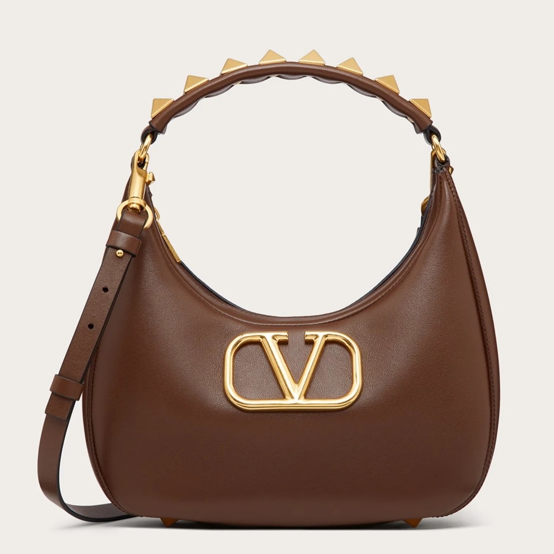 Va1e*ntin0 stud sign hobo bag in dark brown calfskin