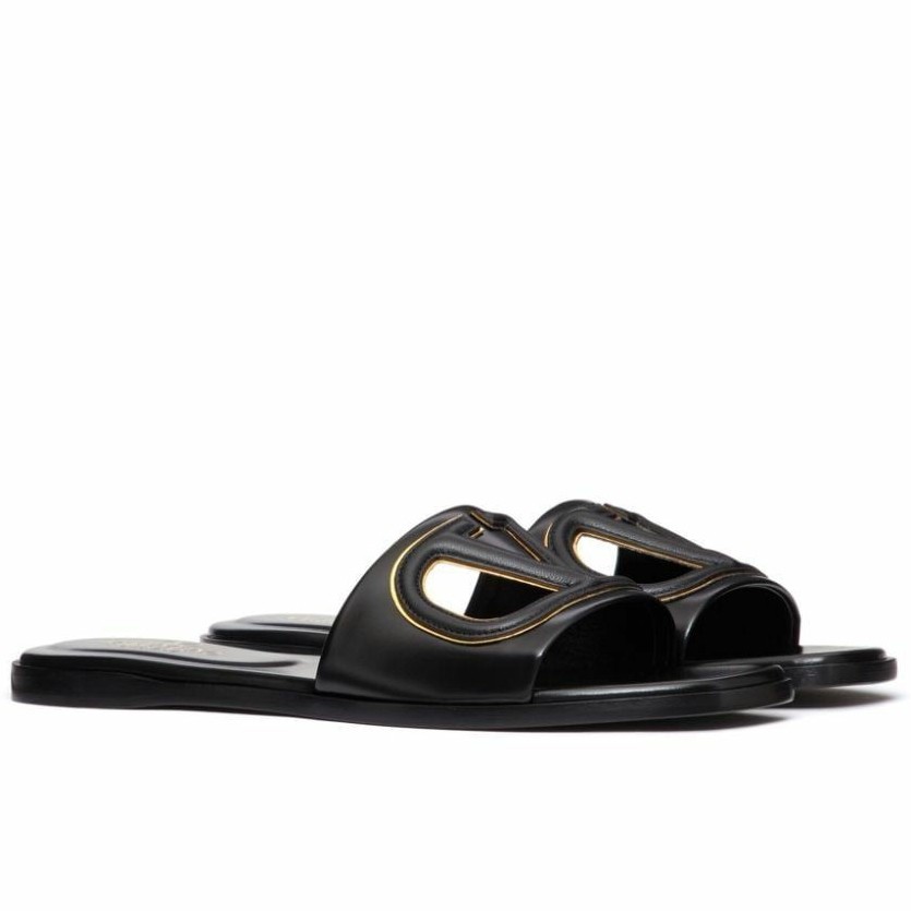 Va1e*ntin0 vlogo cut-out slide sandals in black leather