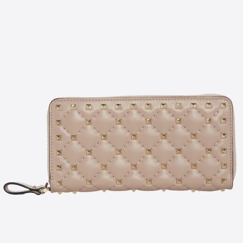 Va1e*ntin0 rockstud spike zip wallet in pastel pink lambskin