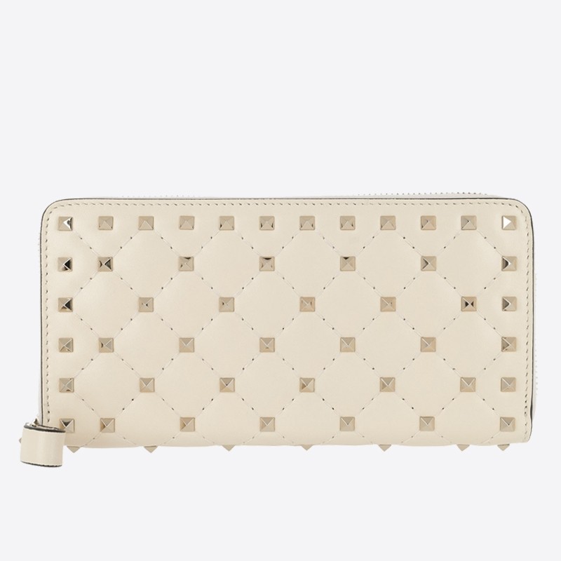 Va1e*ntin0 rockstud spike zip wallet in white lambskin