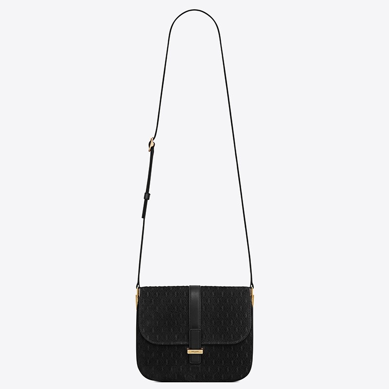 Sa**t Lau*nt monogram all over small satchel in black suede