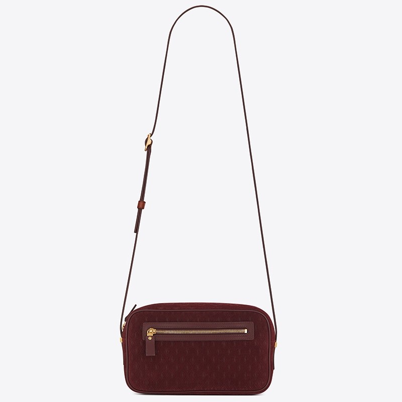 Sa**t Lau*nt monogram all over camera bag in bordeaux suede