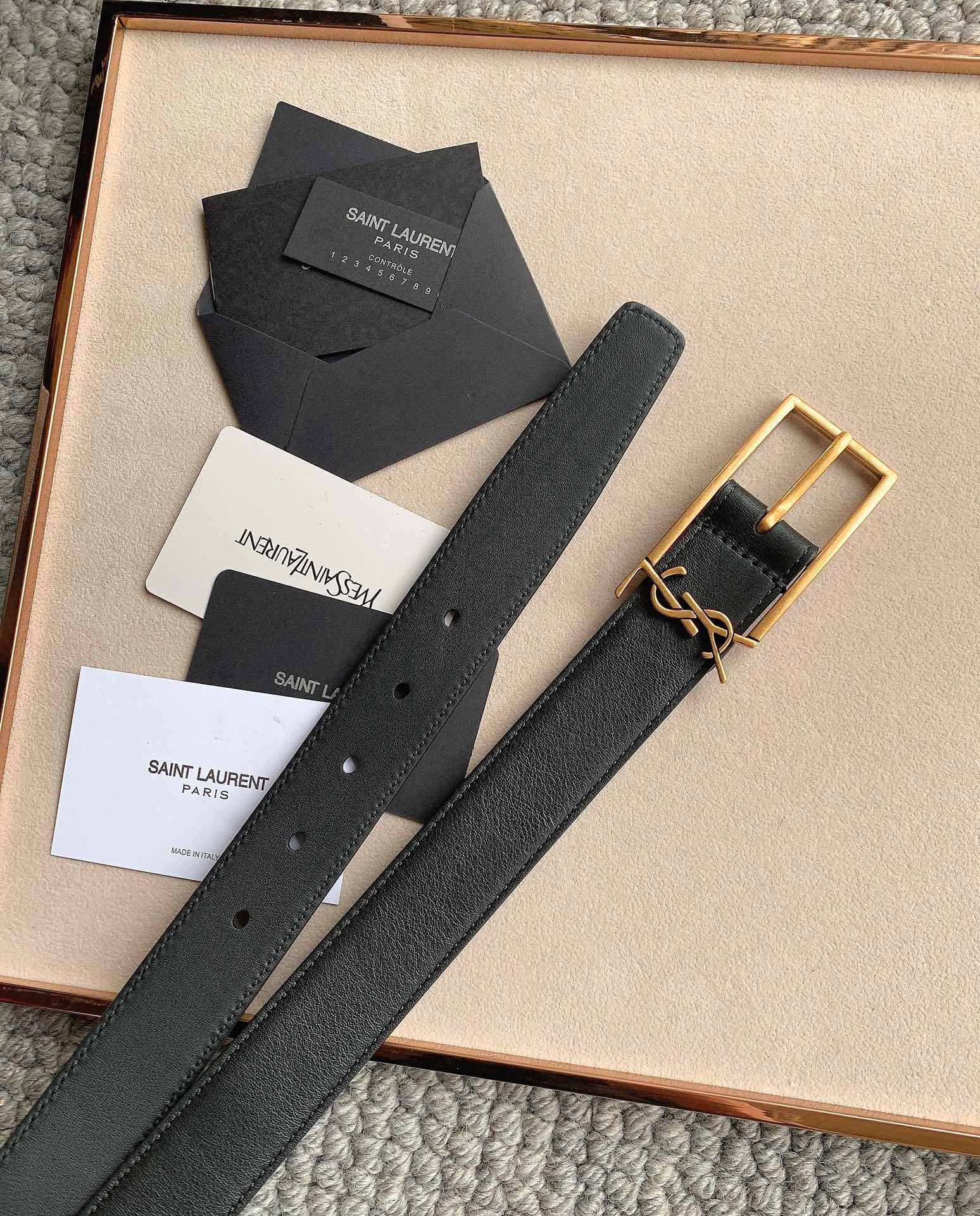 Sa**t Lau*nt new cassandre buckle belt 30mm in black leather