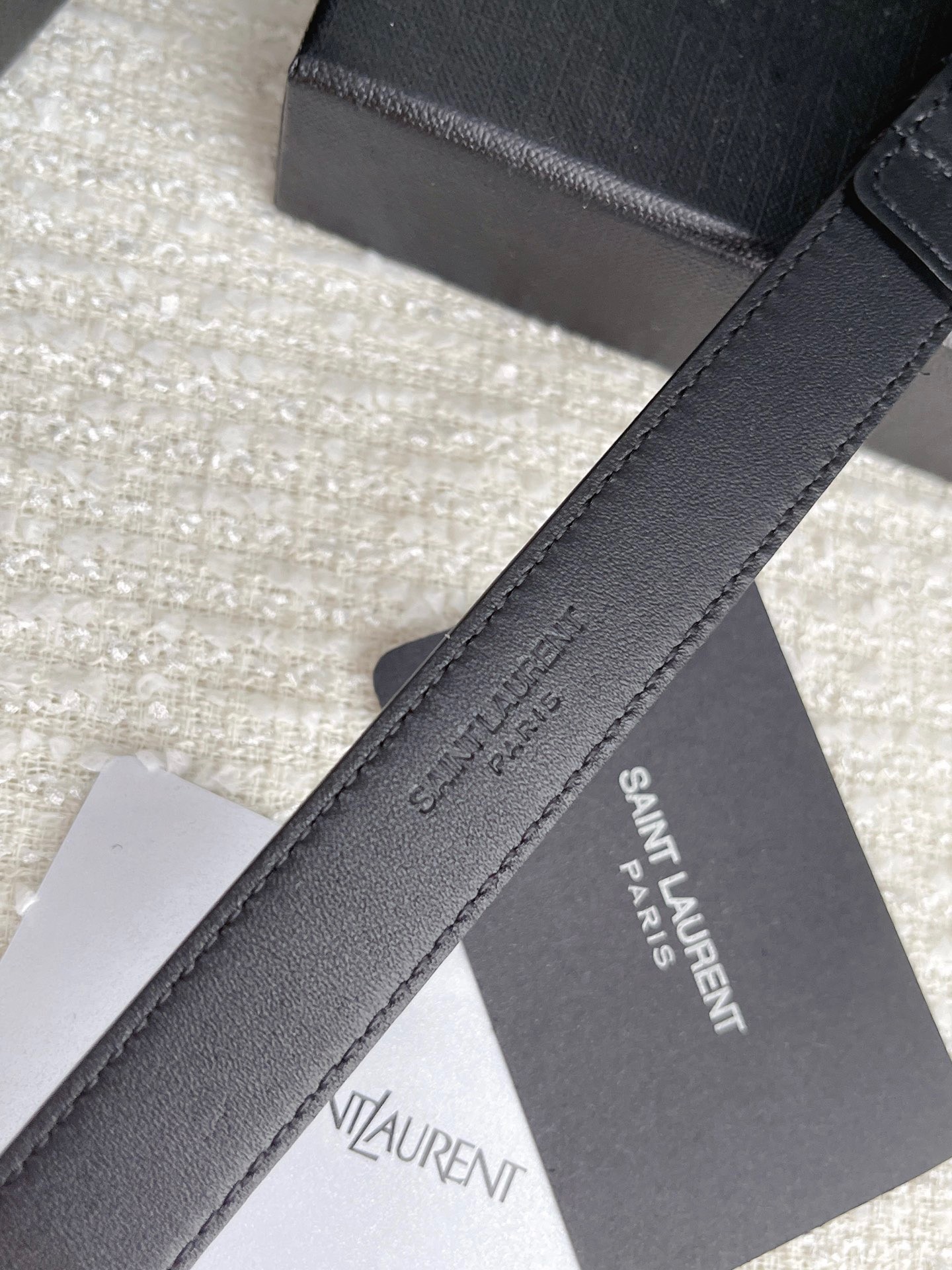 Sa**t Lau*nt cassandre square buckle belt 20mm in all black leather