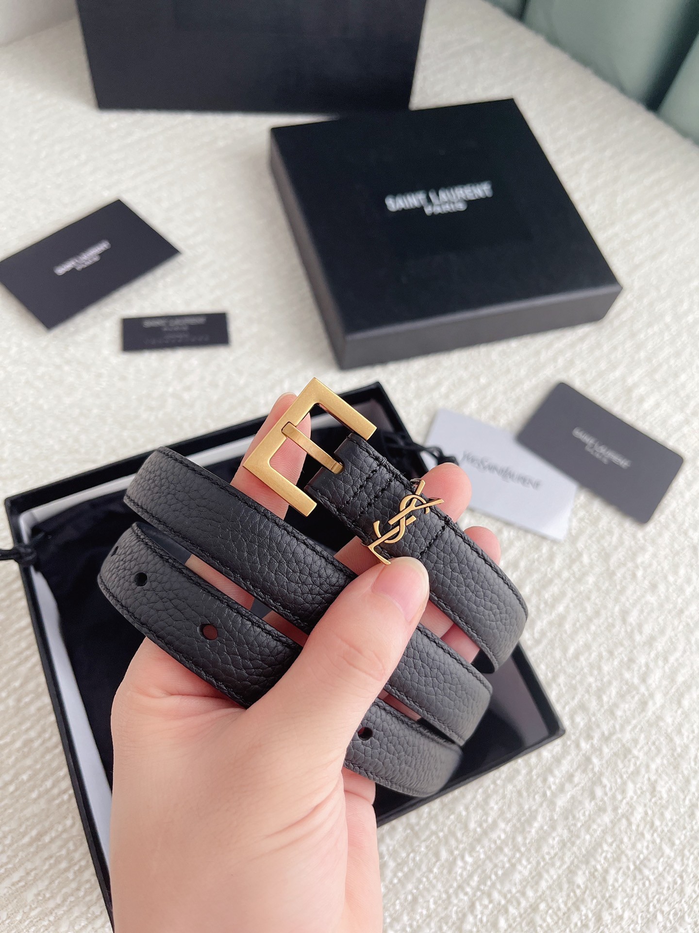Sa**t Lau*nt cassandre square buckle belt 20mm in black calfskin