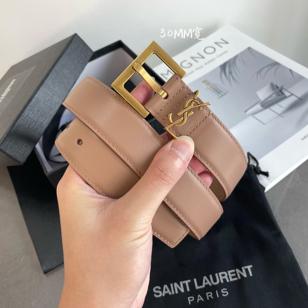 Sa**t Lau*nt cassandre square buckle belt 30mm in beige leather