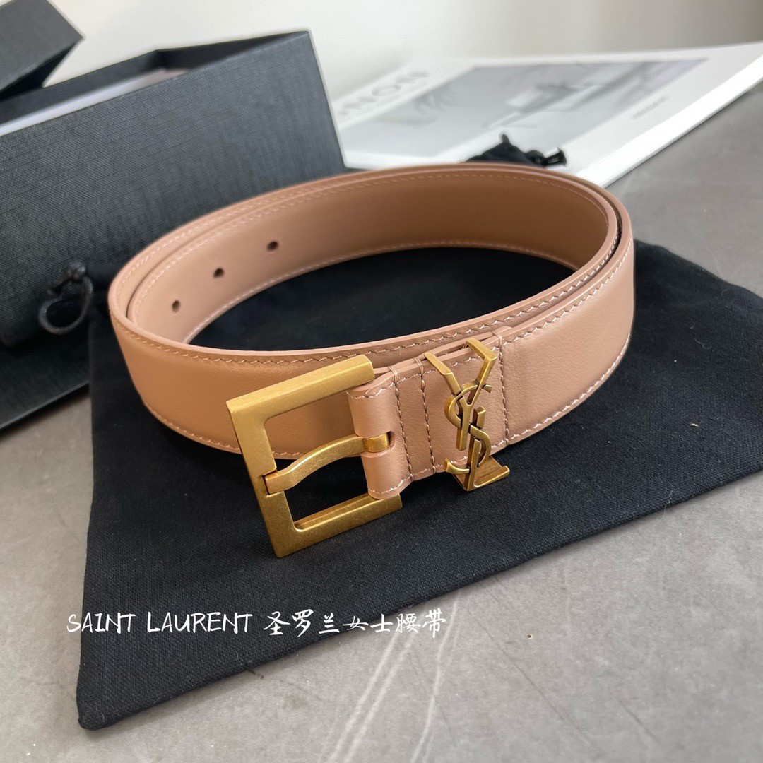 Sa**t Lau*nt cassandre square buckle belt 30mm in beige leather