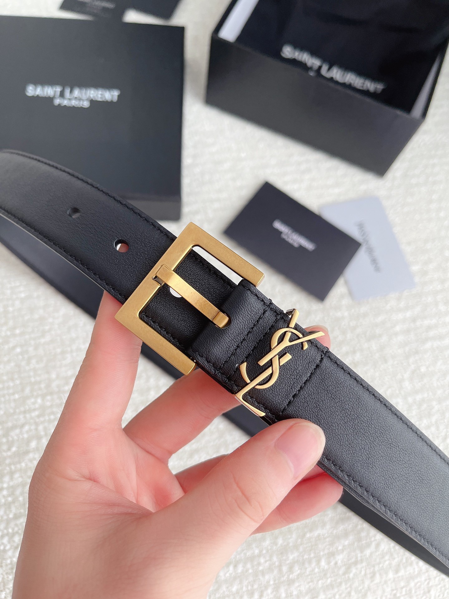 Sa**t Lau*nt cassandre square buckle belt 30mm in black leather