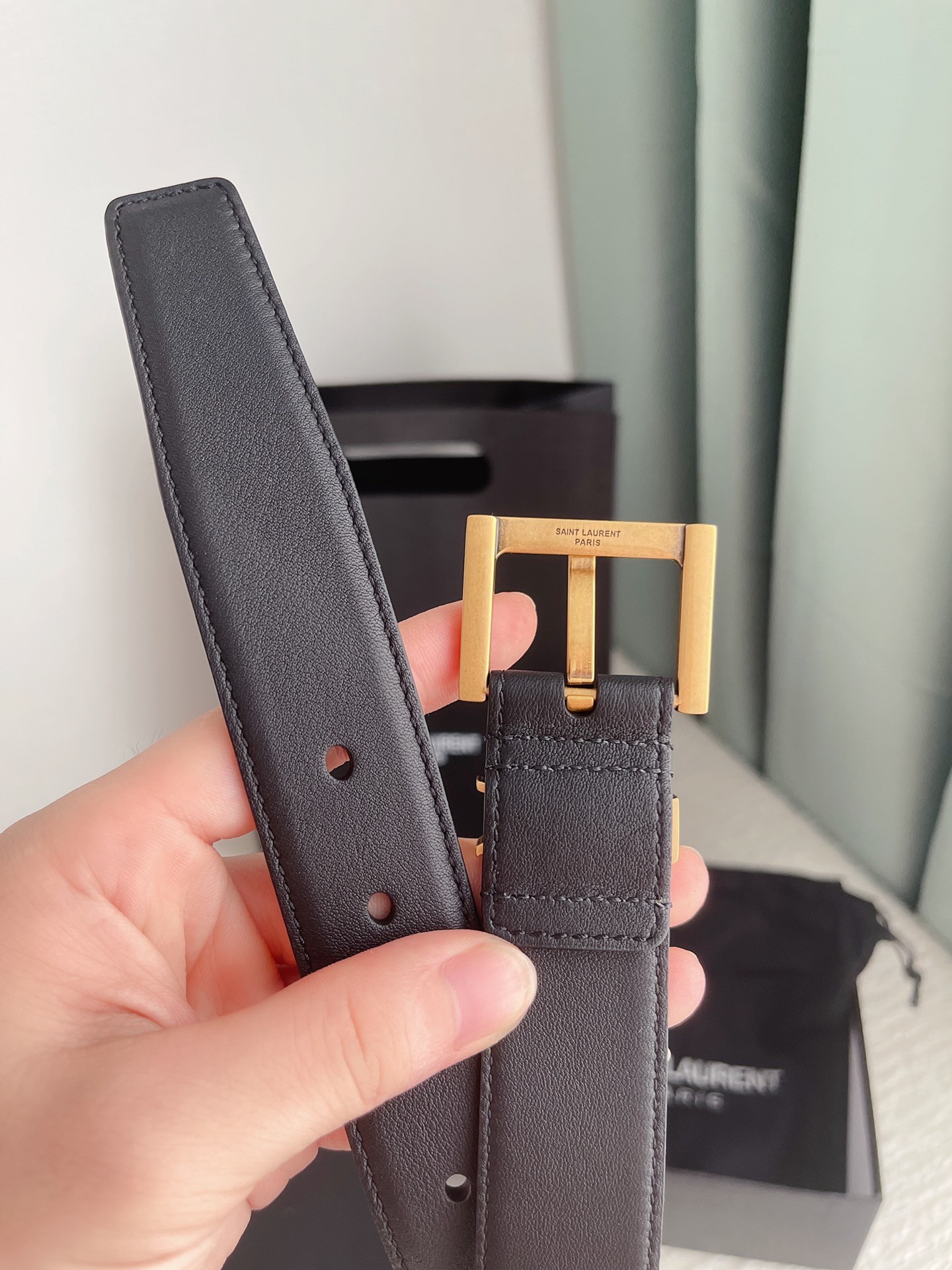 Sa**t Lau*nt cassandre square buckle belt 30mm in black leather