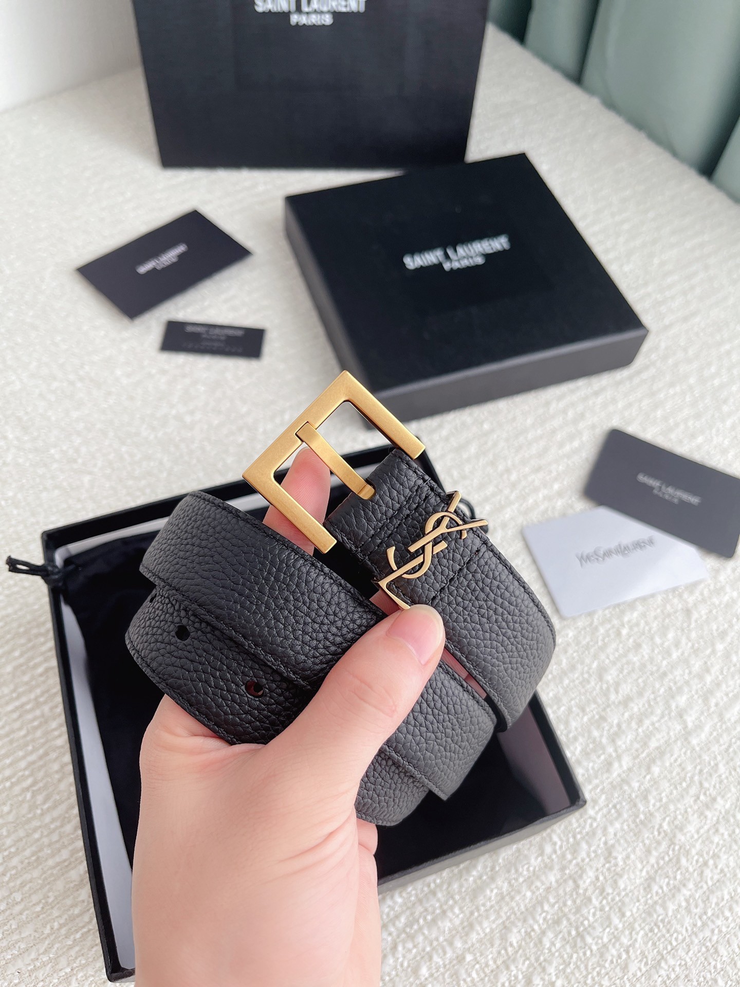 Sa**t Lau*nt cassandre square buckle belt 30mm in black calfskin