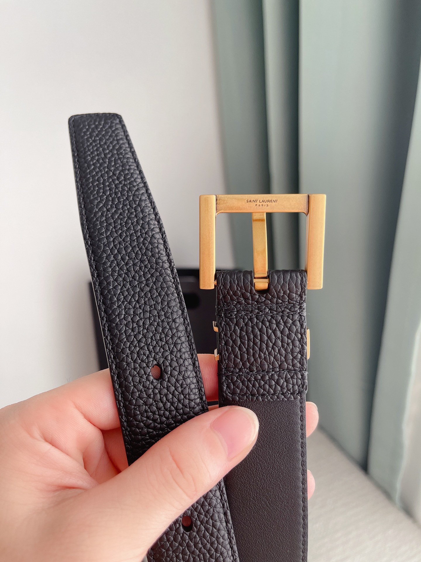 Sa**t Lau*nt cassandre square buckle belt 30mm in black calfskin