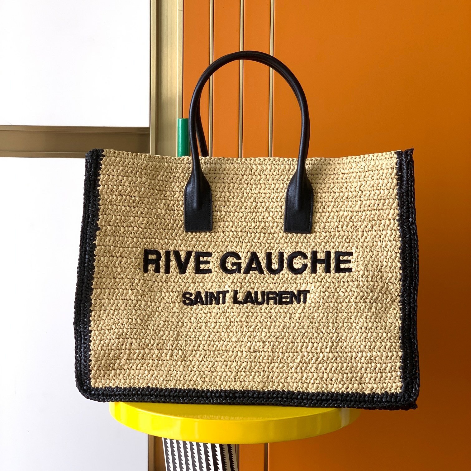 Sa**t Lau*nt rive gauche tote bag in beige raffia and leather