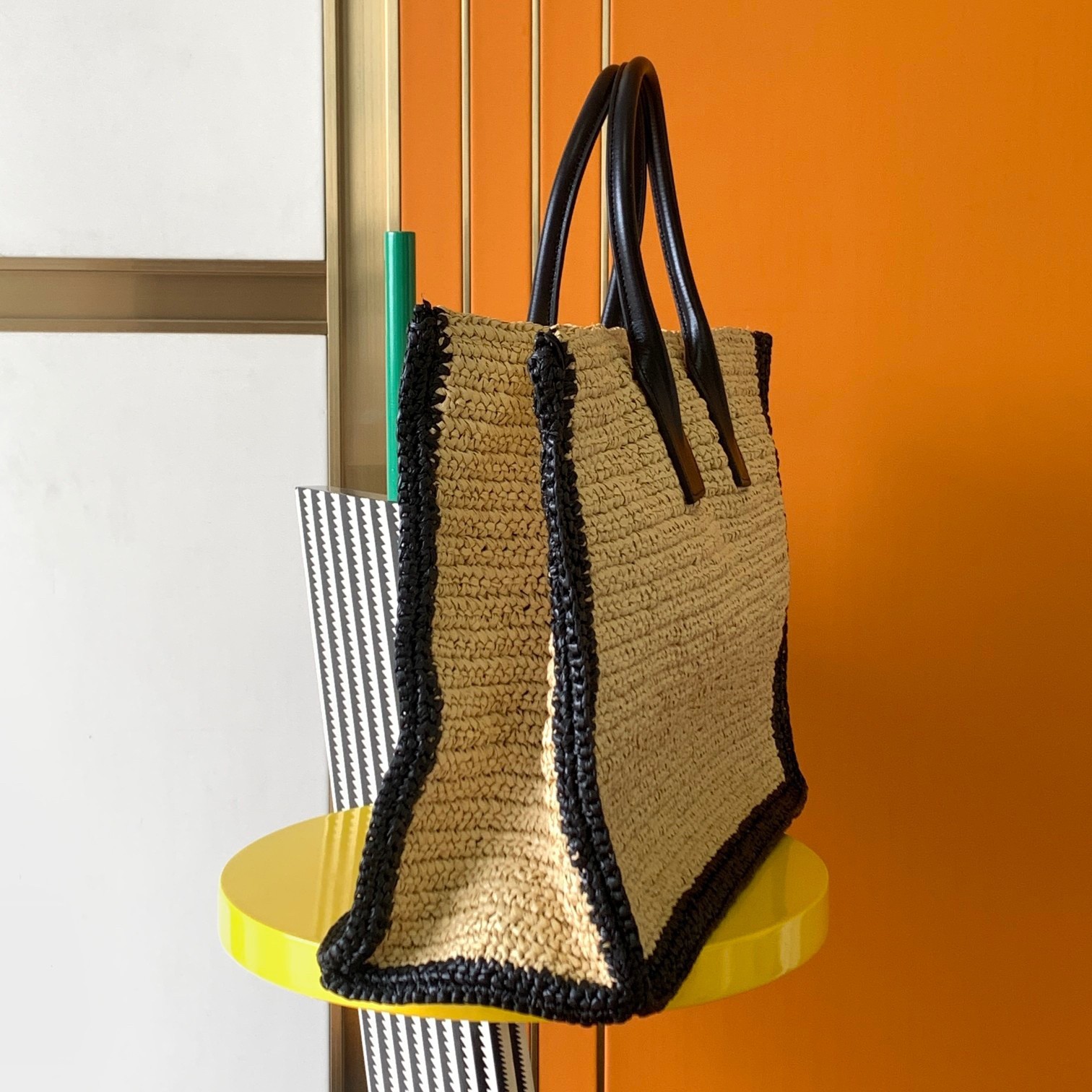 Sa**t Lau*nt rive gauche tote bag in beige raffia and leather