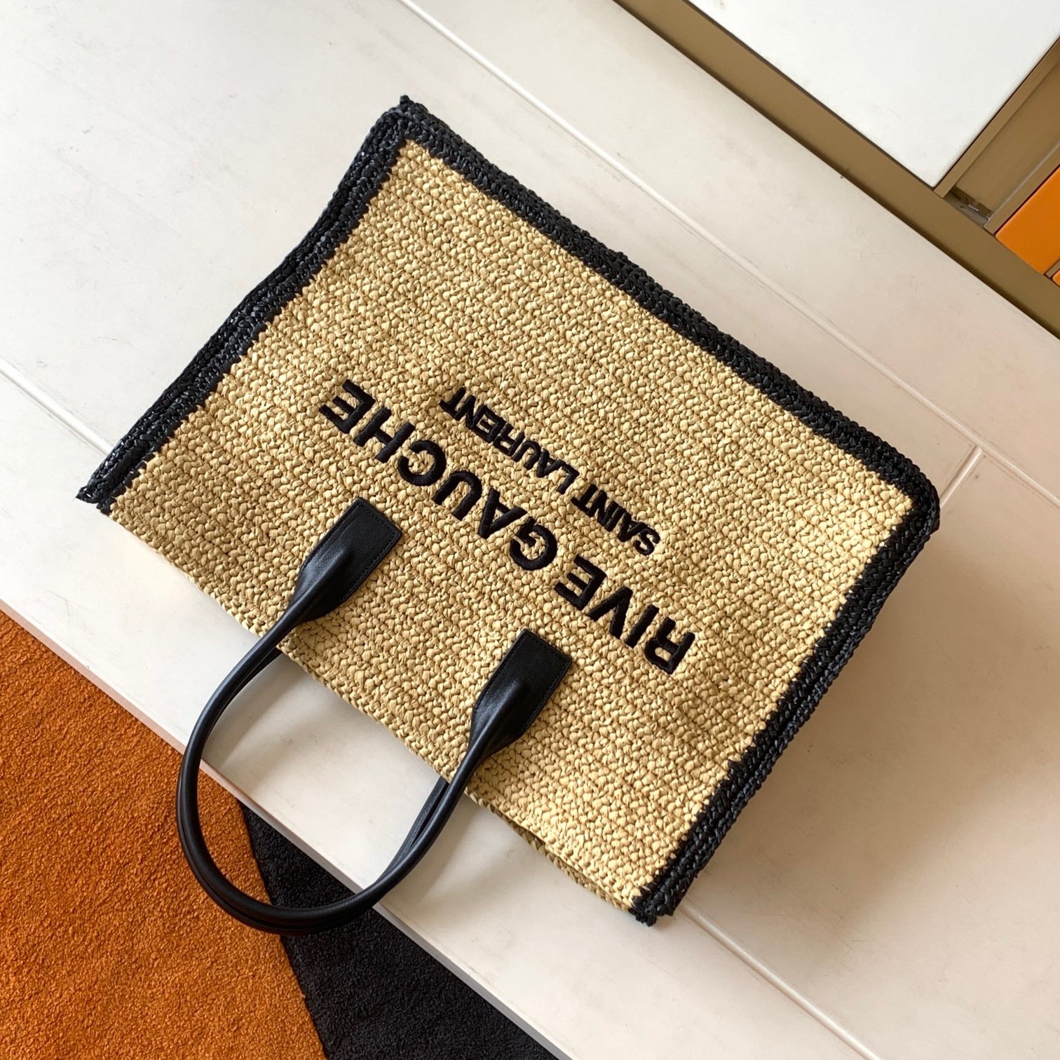 Sa**t Lau*nt rive gauche tote bag in beige raffia and leather
